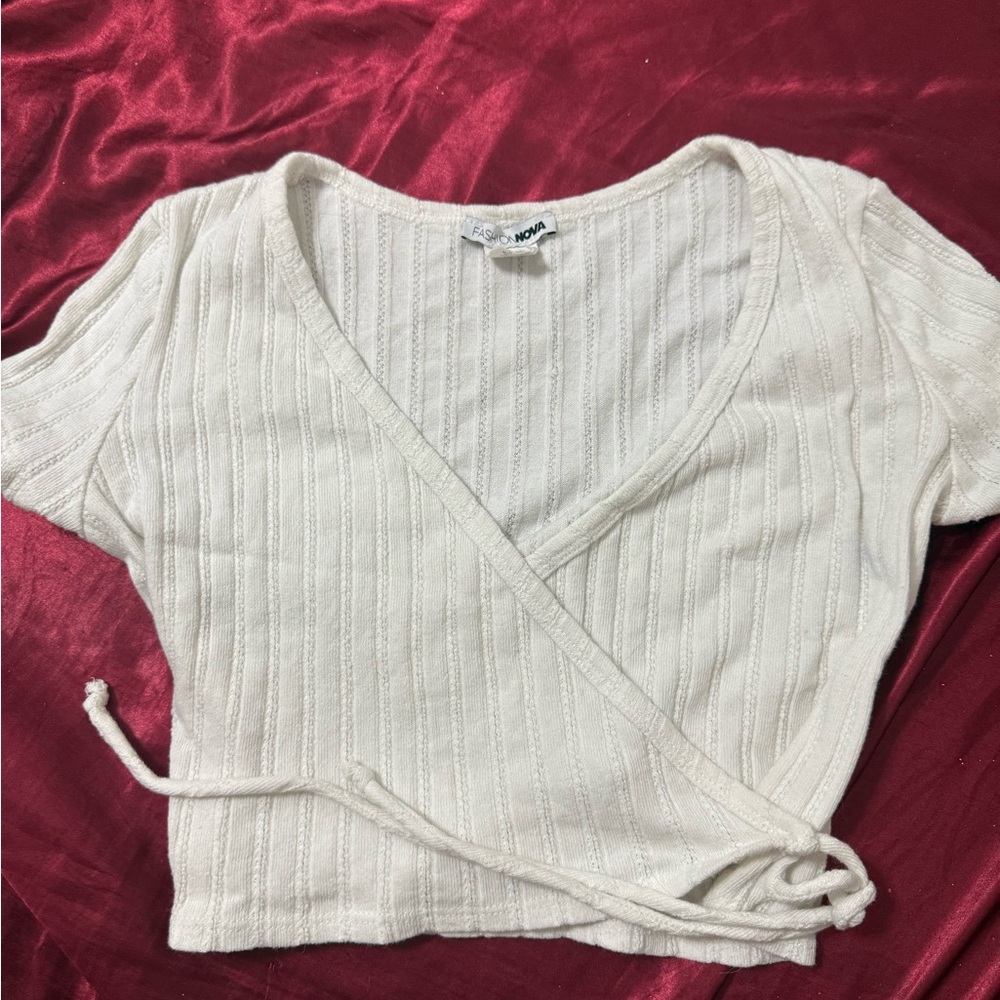 Fashion Nova Ivory Ribbed Wrap Blouse